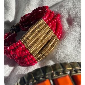 Cranberry and Gold Colored Multi- Strand Beaded Bracelet, boho bohemian fashion